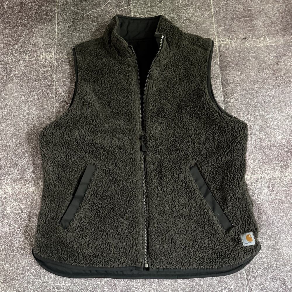 Womens Carhartt Black Gray Montana Sherpa Lined Reversible Work Puffer Vest Sz L - Picture 3 of 4